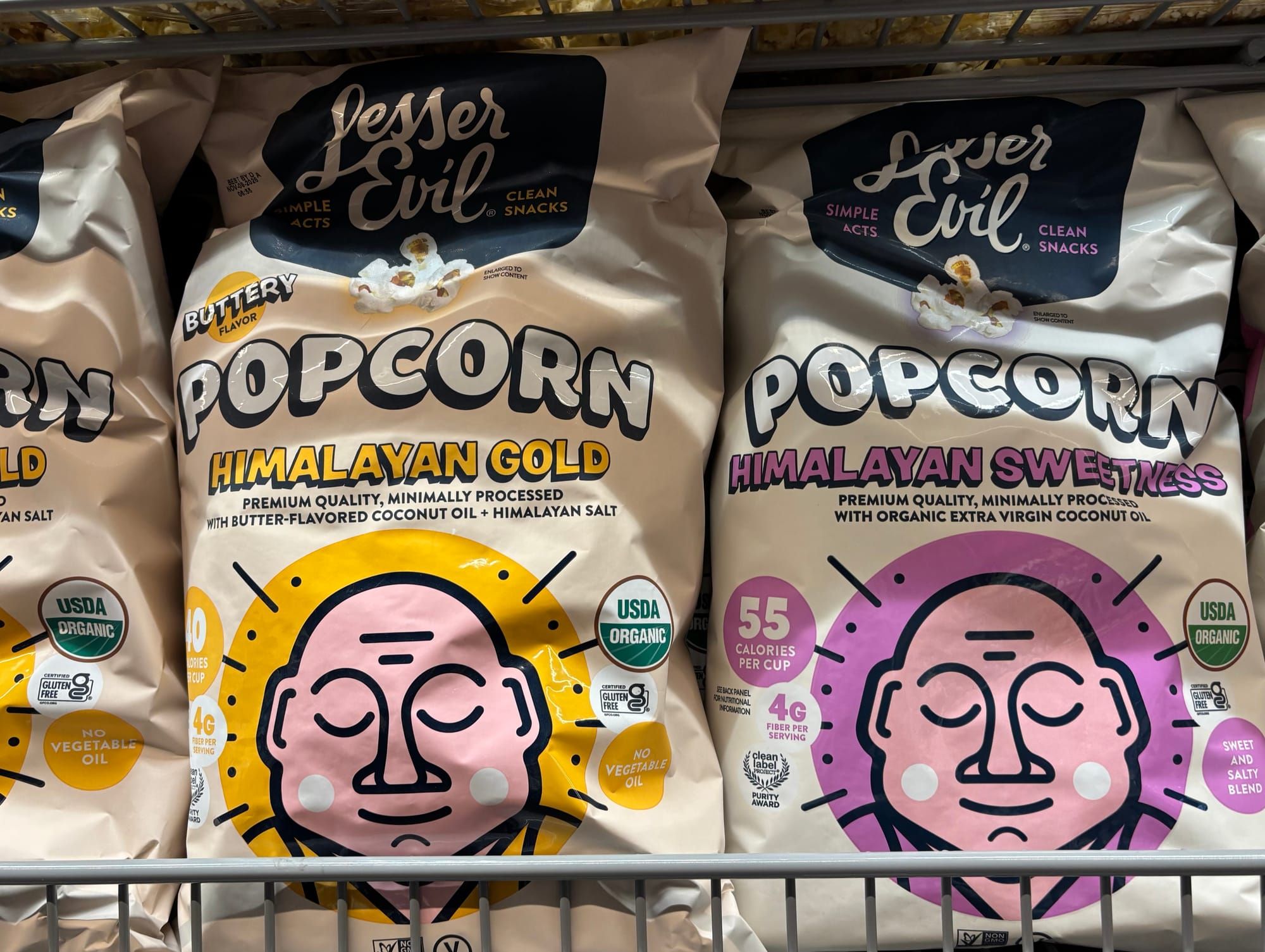 LesserEvil popcorn bags on grocery shelf