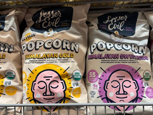 LesserEvil popcorn bags on grocery shelf