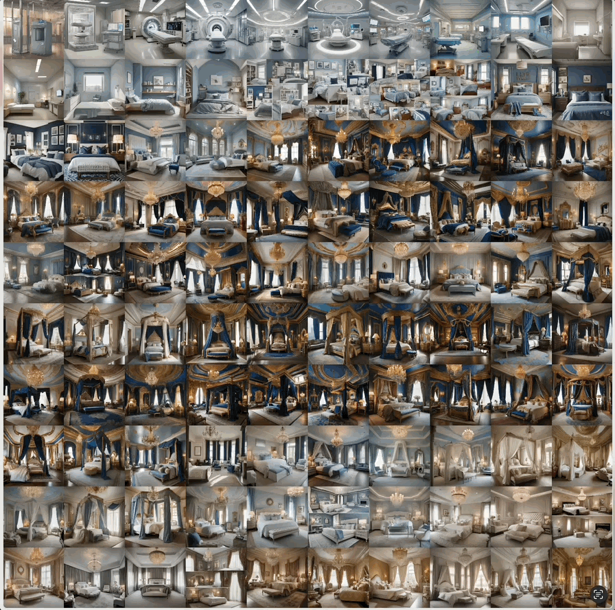 This is a gif of mosaics, all with different starting prompts, that all end up converging on images of blue, ornate interiors. 