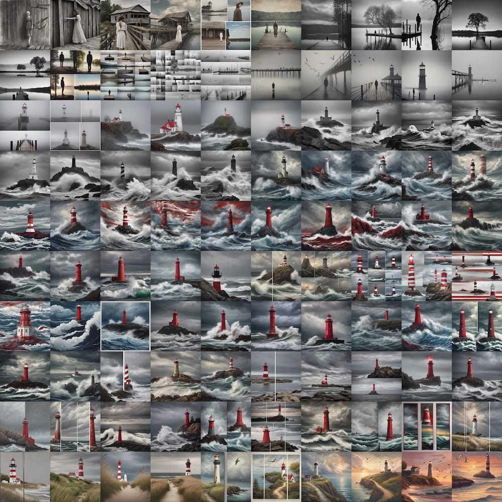A mosaic of 100 images. The first is a woman. Within 20 images, it becomes a lighthouse and remains a lighthouse.