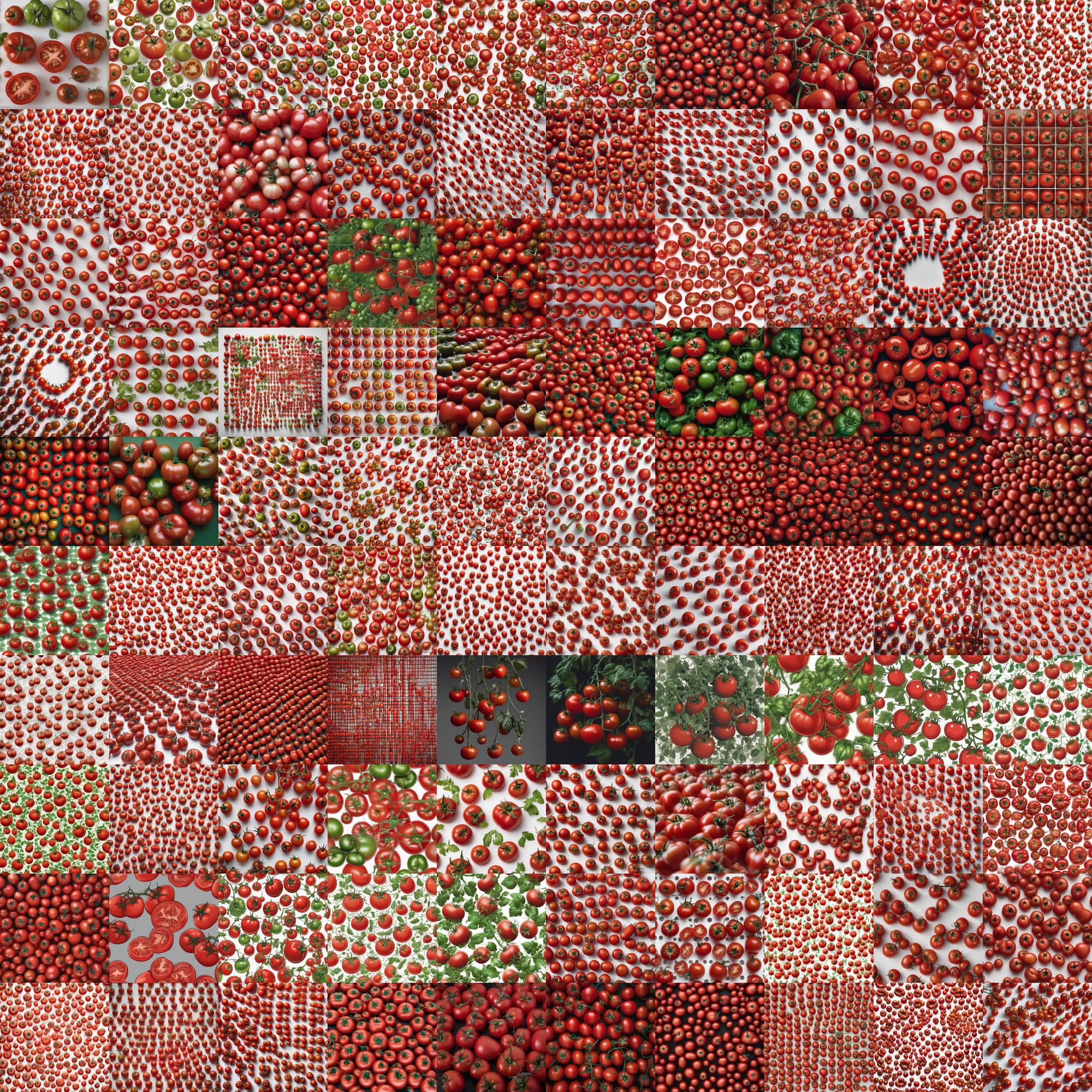 This is a mosaic of 100 images. The first is a bunch of tomatoes. The last is a bunch of tomatoes.