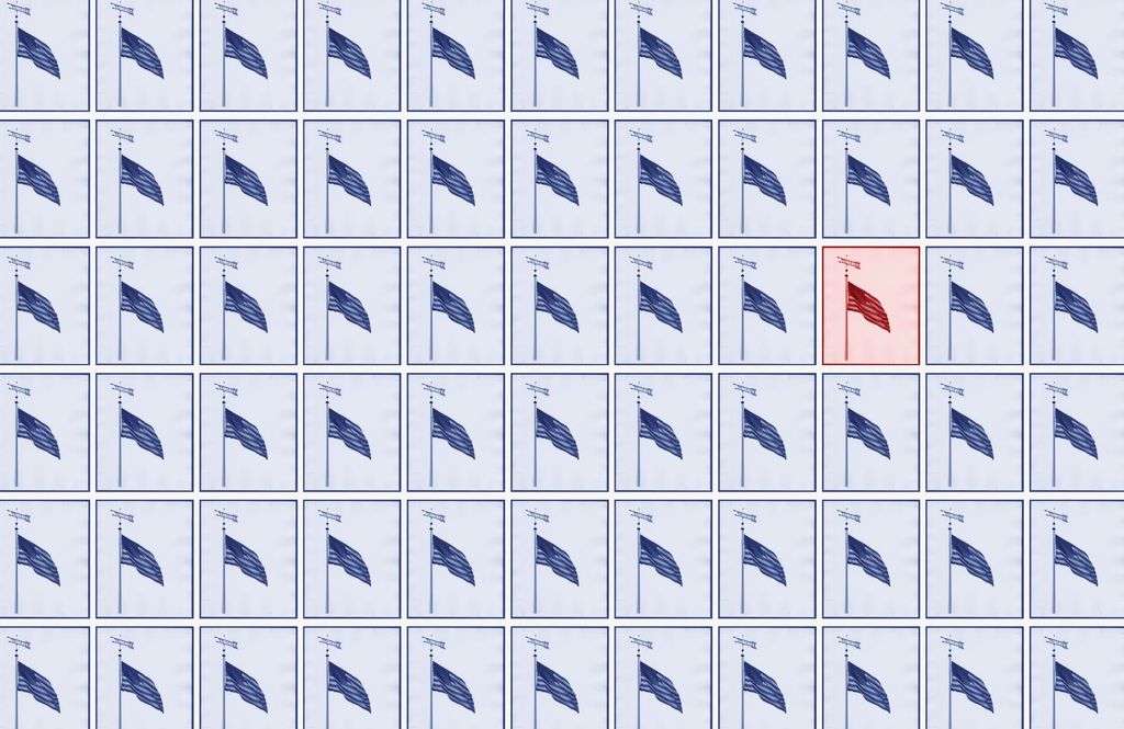 This is a featured image showing a grid of American flags. All are tinted blue except one, which is tinted red.