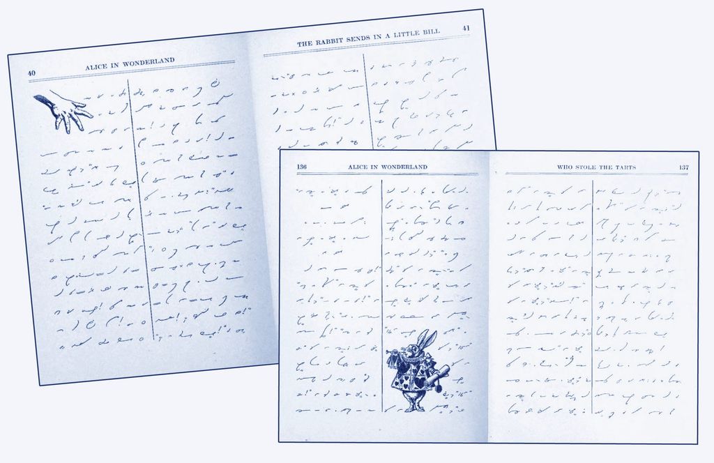 These are pictures of an old edition of Alice in Wonderland, which is written in short hand.