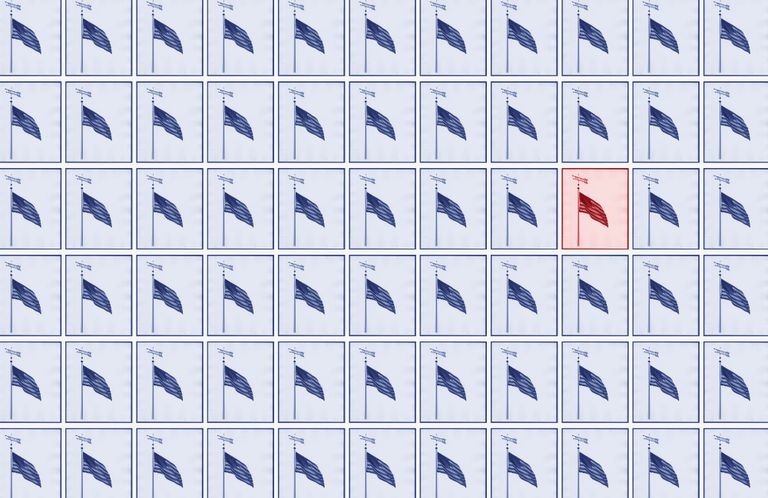 This is a featured image showing a grid of American flags. All are tinted blue except one, which is tinted red.