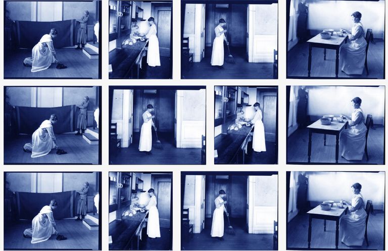 This is a series of images from the 1920s showing the correct posture for different types of domestic work.