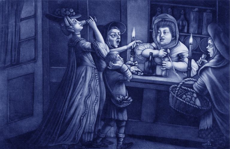 This is an anonymous mezzotint from around 1765. It's women drinking in a candle lit gin bar.