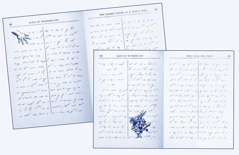These are pictures of an old edition of Alice in Wonderland, which is written in short hand.