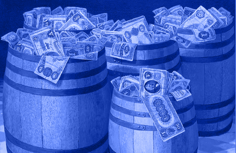 A painting of barrels full of money.