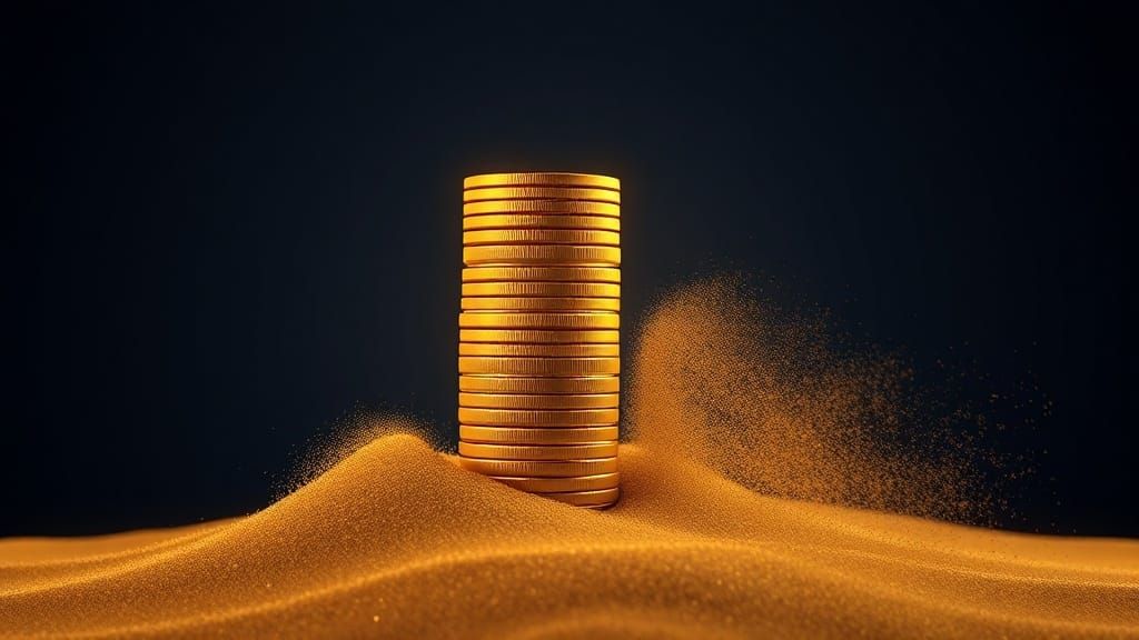 A tall stack of gold coins eroding into sand, illustrating how investment fees quietly erode wealth