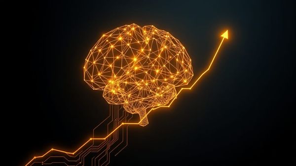 A glowing gold neural network shaped like a brain flowing into an upward financial growth chart, on a navy background