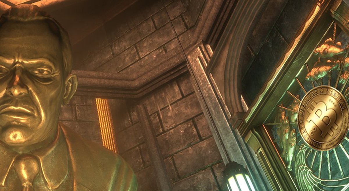 A scene from the video game Bioshock - a statue of Andrew Ryan