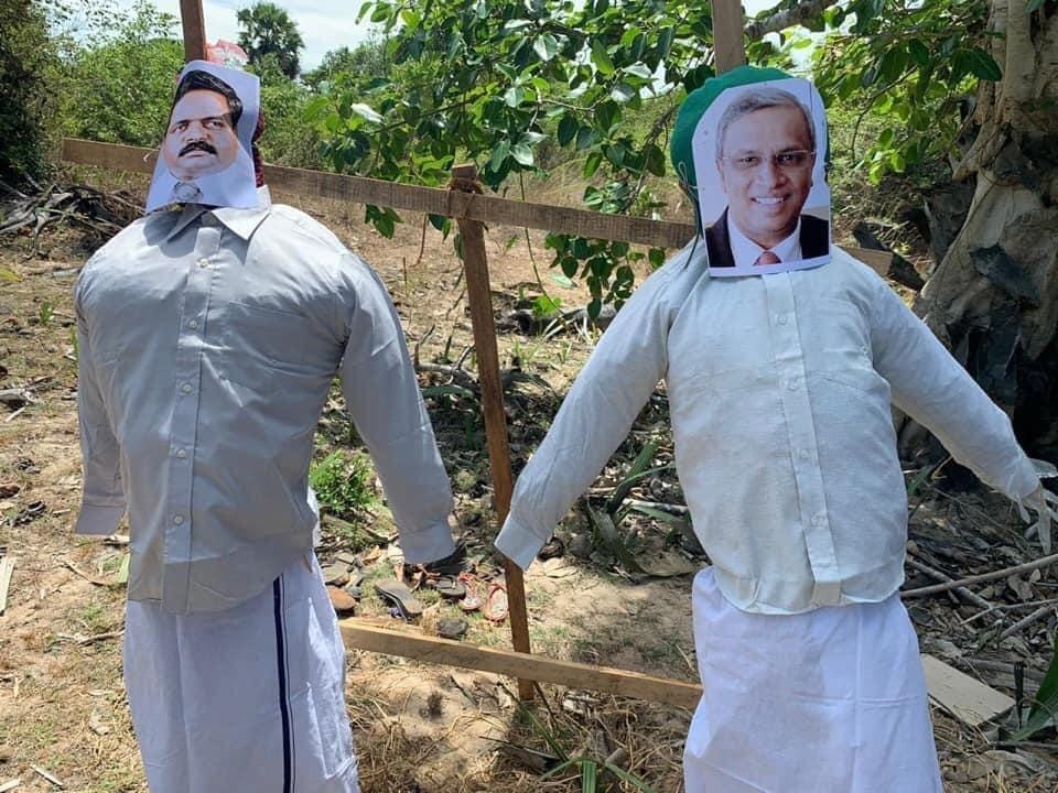 Effigies of ITAK leaders S. Shritharan and M. A. Sumanthiran about to be burnt during a protest in Jaffna a few years ago.
