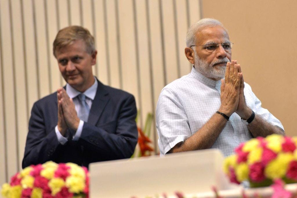 Indian Prime Minister Narendra Modi with then UN Environment head Erik Solheim in New Delhi.