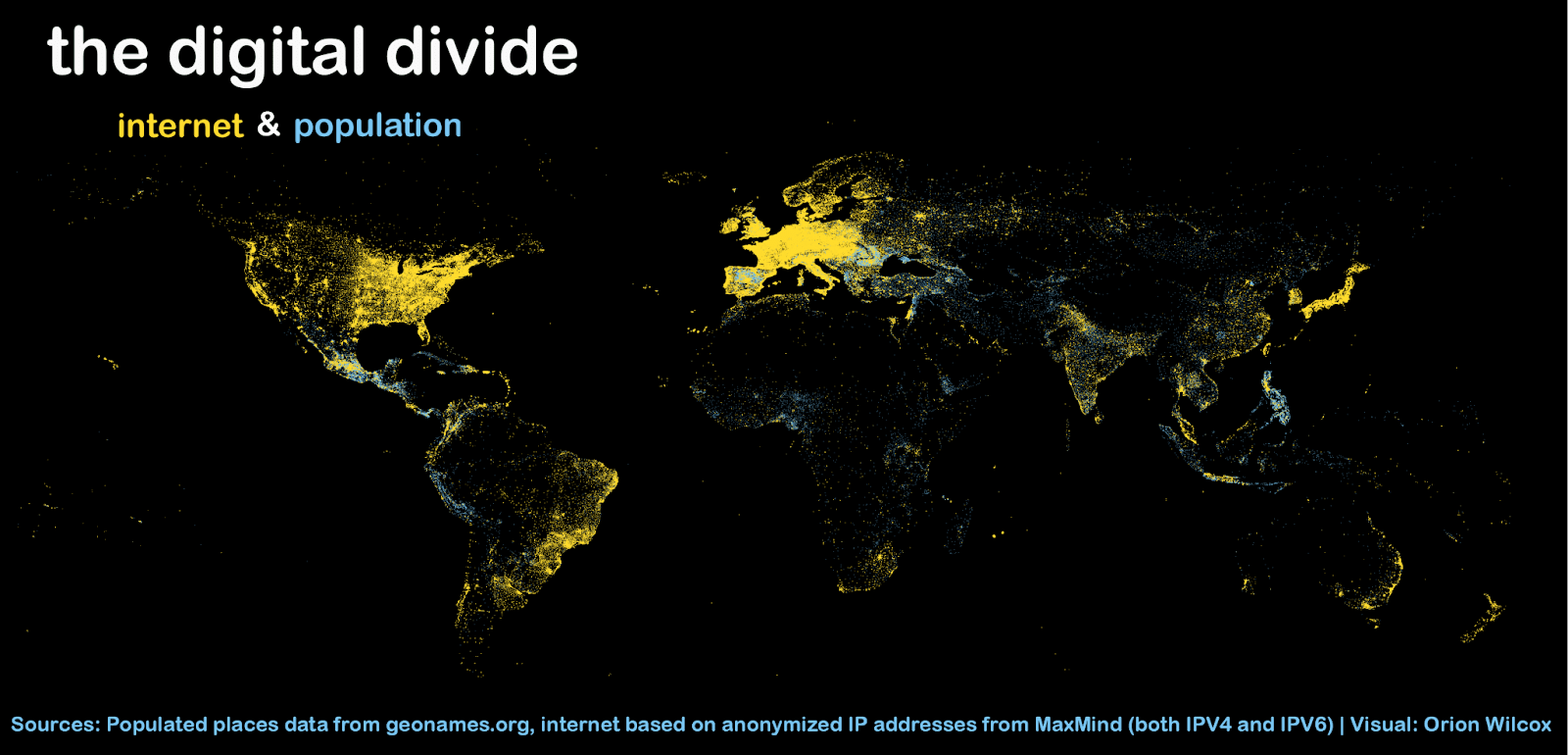 According to UNESCO, only 55% of the world’s population has internet access. In the poorest countries, the figure drops to below 20%. This map highlights the digital divide by overlaying IP addresses on population density data. The blue dots represent people with no internet access. (Source DT Global 4th March 2021)