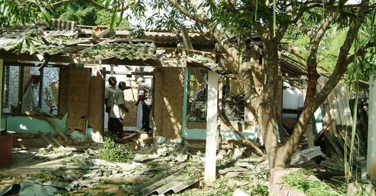 The destroyed Voice of Tigers (VOT) office following an air strike during Sri Lanka’s civil war.