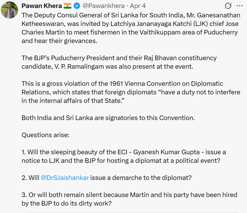 A screenshot of a post by Congress leader Pawan Khera on X accusing Sri Lankan diplomat Ganesanathan Ketheeswaran of violating the Vienna Convention by attending a gathering in Puducherry.