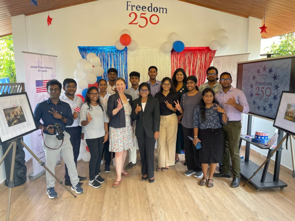 Public Affairs Officer Menaka Nayyar and Regional Public Engagement Specialist Miquela Burke with U.S. Embassy Sri Lanka Youth Forum alumni during the 15th anniversary celebration of American Corner Jaffna in Nallur on April 26.