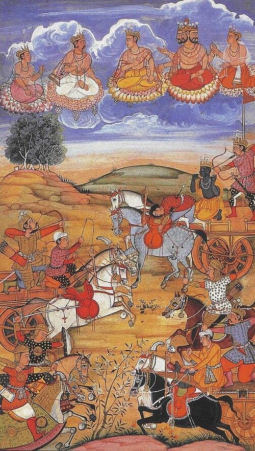 In this 16th century painting the gods look down upon the hero Arjuna (far right) who is directed and assisted by Krishna who is his personal charioteer and god incarnate. Krishna fortifies the wavering will of Arjuna at the prospect of war between two sets of closely related clans - the Pandavas and the Kauravas, and the destruction that would follow. The moral of the discourse is that at certain times in history war becomes inevitable and the morality of such a war cannot be judged on the basis of the number of lives lost or the extent of the destruction that followed alone - the purpose and objectives count. This teaching is also a double-edged sword open to abuse by corrupt war mongers as are some of the other social issues addressed in this article. Image obtained from Wikimedia Commons under the Creative Commons License.