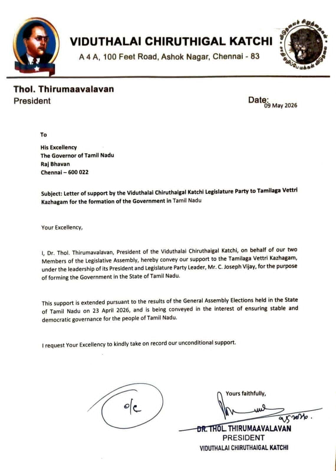 VCK’s letter backing Vijay’s bid to form the government in Tamil Nadu.
