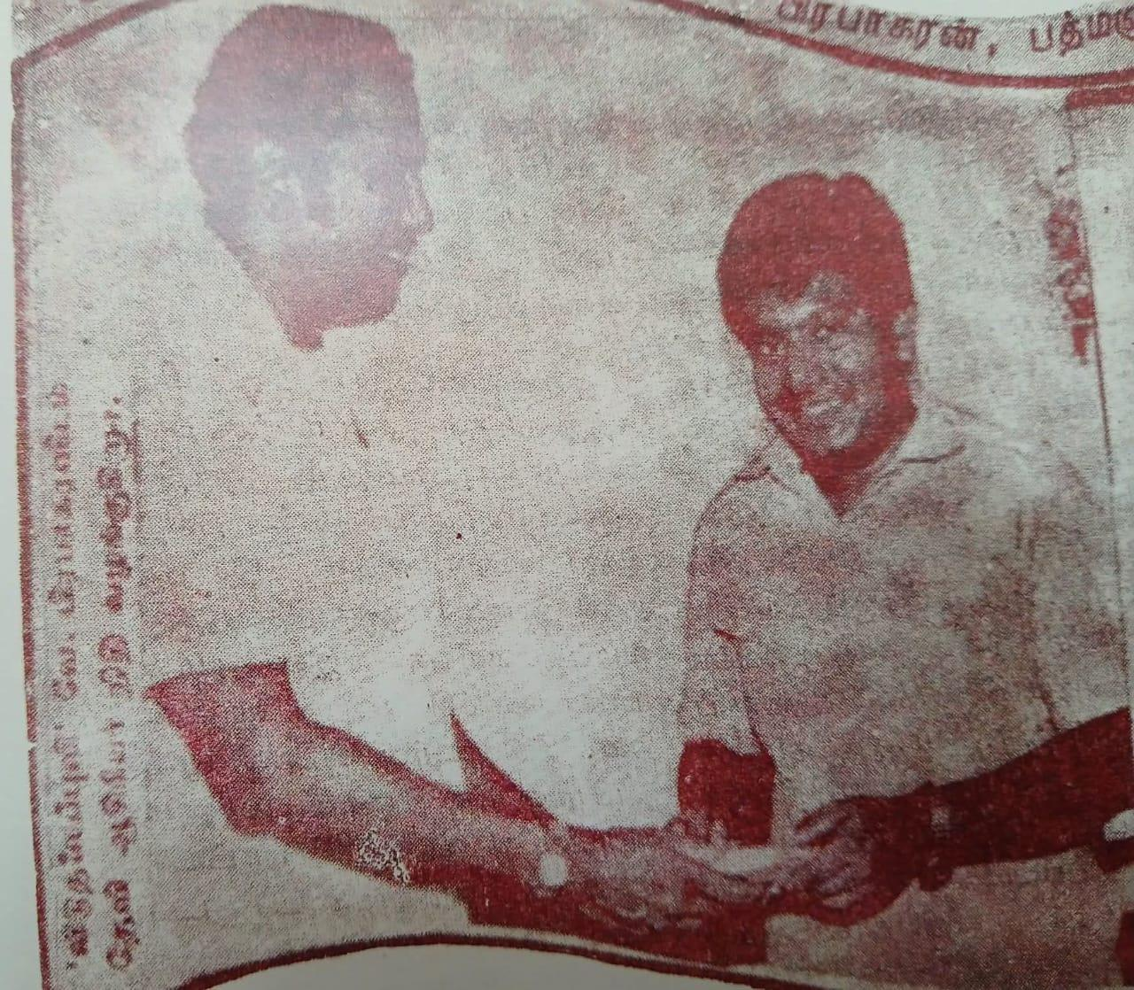 Prabhakaran receiving funds raised by Devi magazine in Tamil Nadu during the mid-1980s, in a photograph published by the magazine that reflected the once-warm ties between Tamil Nadu and the LTTE before the assassination of Rajiv Gandhi.