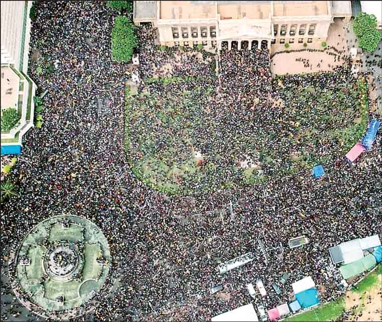 An aerial view of crowds gathered outside Sri Lanka’s Presidential Secretariat during the 2022 Aragalaya uprising, as protesters demanded the resignation of the Rajapaksa government amid the country’s worst economic crisis in decades.
