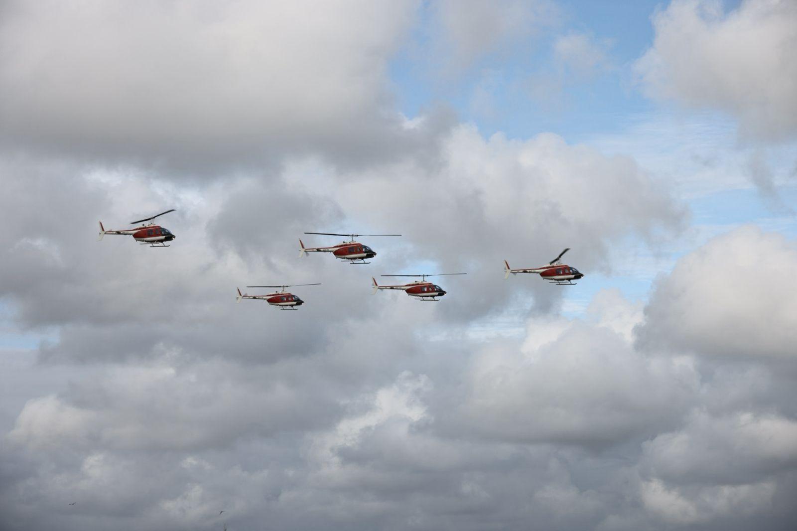 TH-57 Sea Ranger helicopters perform a demonstration flight during a handover ceremony at Ratmalana Air Force Base on June 23, 2026.