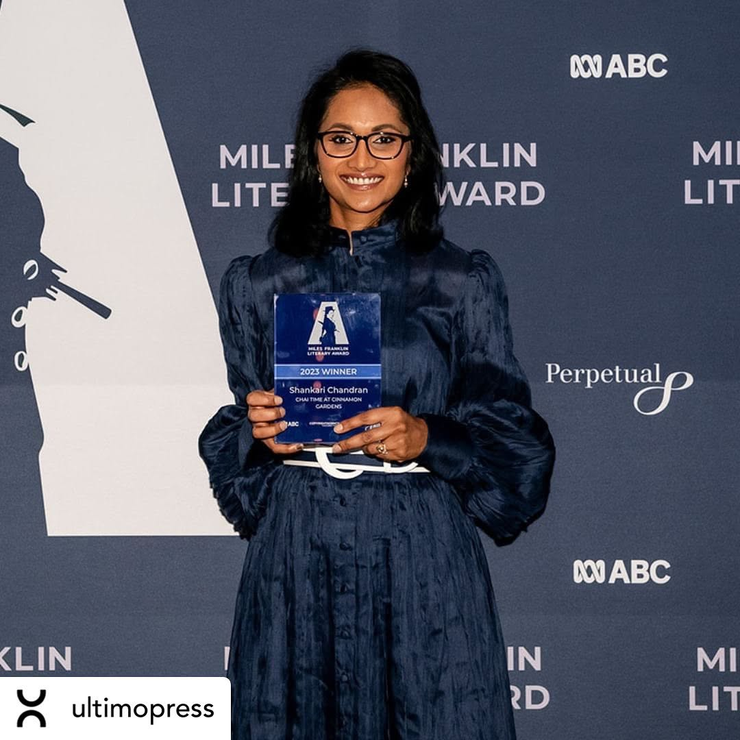 Shankari Chandran with the 2023 Miles Franklin Literary Award, which she won for her novel Chai Time at Cinnamon Gardens. Photo: Ultimo Press