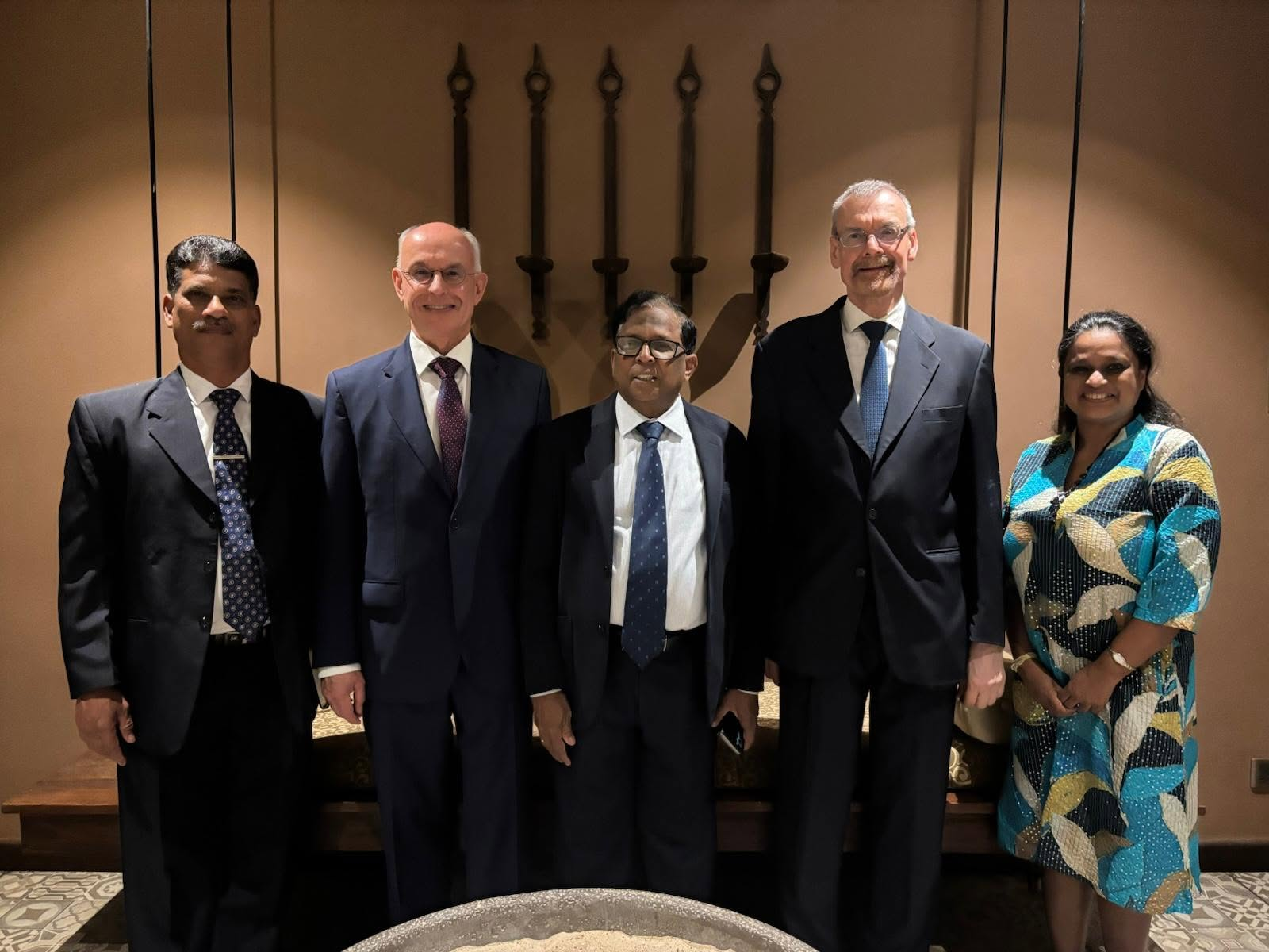 Ambassador Dr. Felix Neumann of Germany, second from left, and Ambassador Rémi Lambert of France, second from right, with Northern Province Governor N. Vedanayagan during the ambassadors' joint visit to Jaffna.
