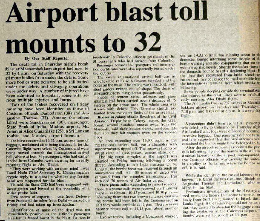 An Indian Express newspaper clipping reports on the deadly Meenambakkam airport bombing in Madras in August 1984, an attack linked to Panagoda Maheswaran and the Tamil Eelam Army.