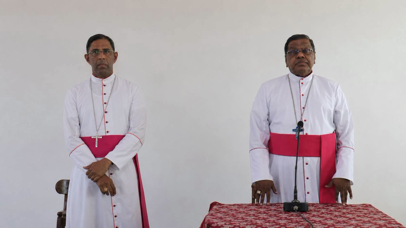 Bishop Justin Bernard Gnanapragasam, right, with Bishop Anton Ranjith Pillainayagam, left, who was appointed by Pope Leo XIV as the new Bishop of the Diocese of Jaffna.
