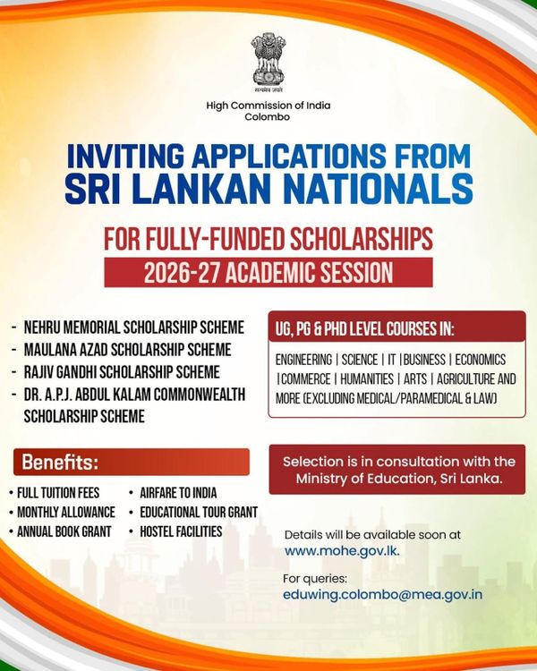 India Offers 200 Fully Funded Scholarships to Sri Lankan Students for 2026–27