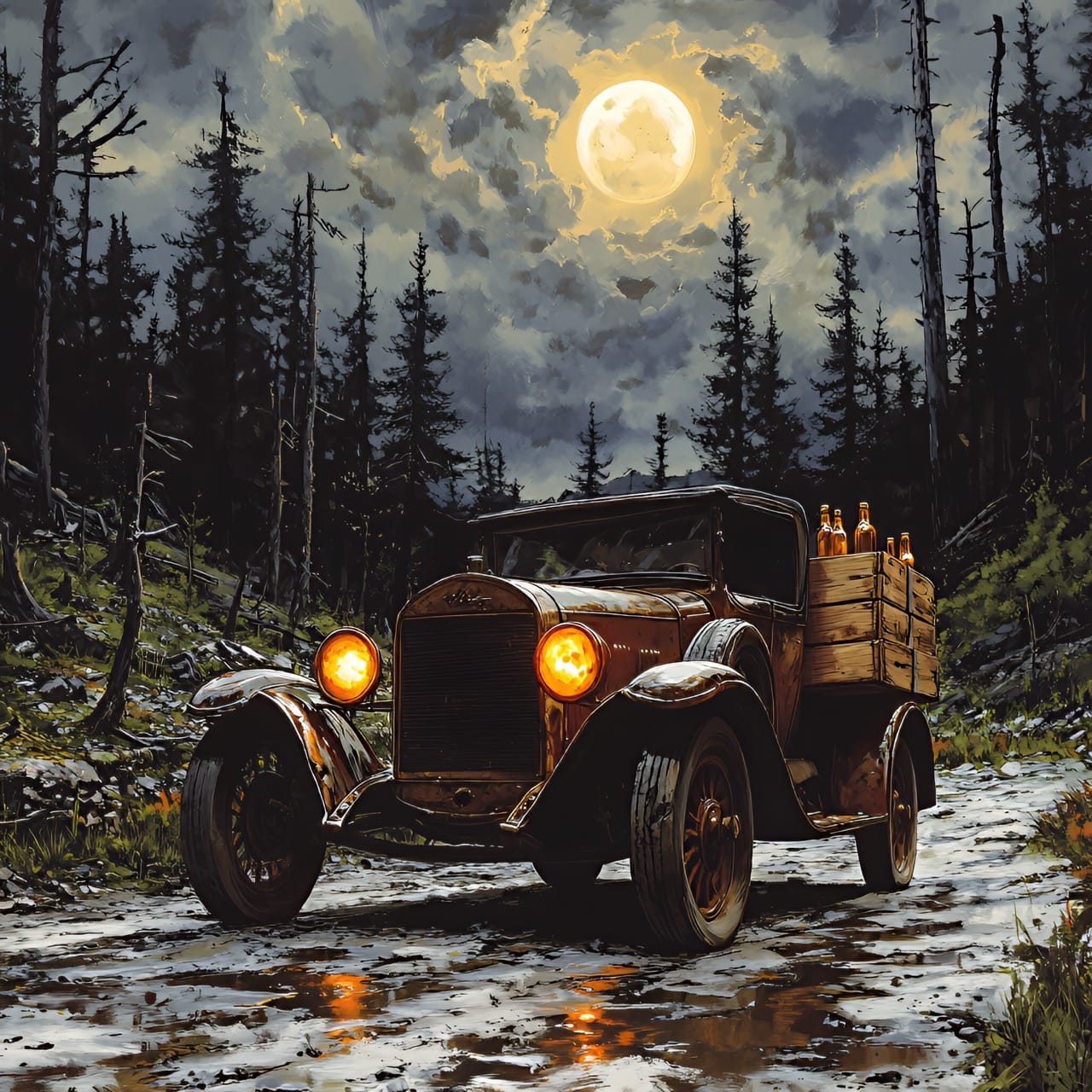 Camion vintage des années 20 sous la pleine lune, transportant des caisses de bouteilles dans une forêt de pins