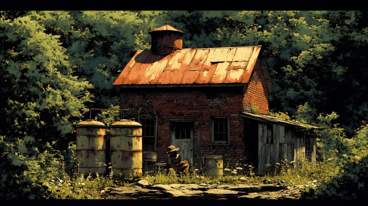 Distillerie clandestine en brique rouge avec alambics et moonshiner assis