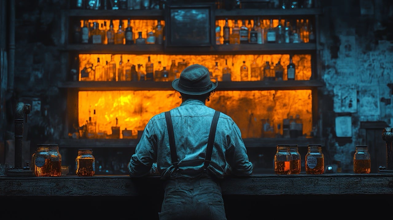 Barman de speakeasy de dos face à des étagères illuminées de bouteilles d'alcool, ambiance bleu et ambre