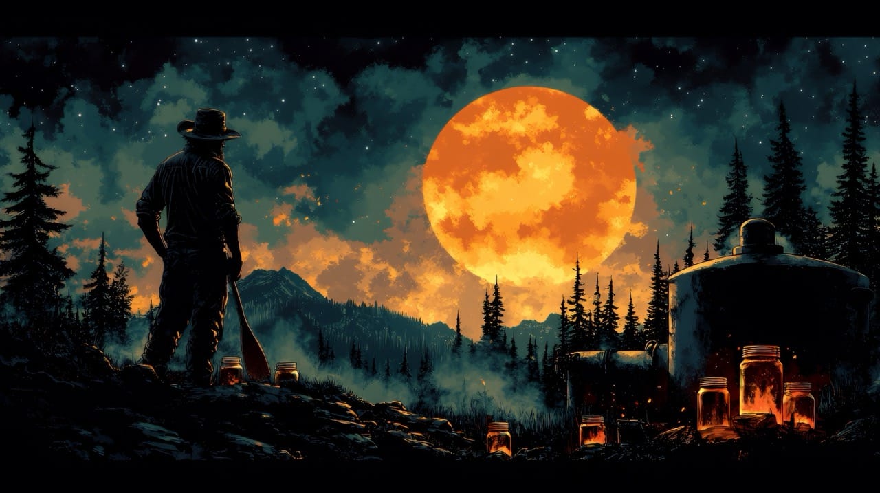 Moonshiner contemplant la pleine lune orange, entouré de jarres de moonshine illuminées dans un paysage montagneux