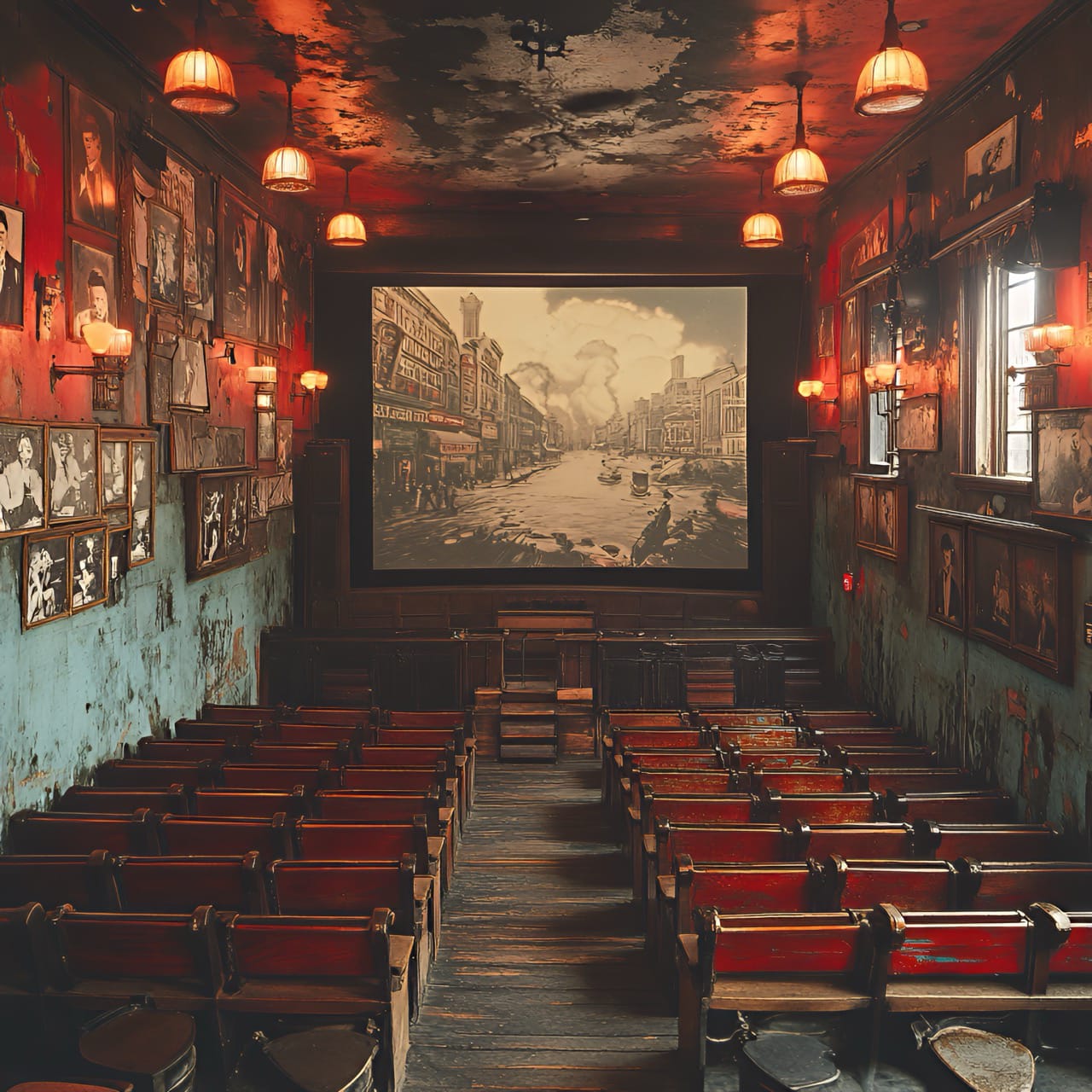 Salle de cinéma clandestine des années 20, murs patinés, photos vintage et projection sépia d'une rue américaine