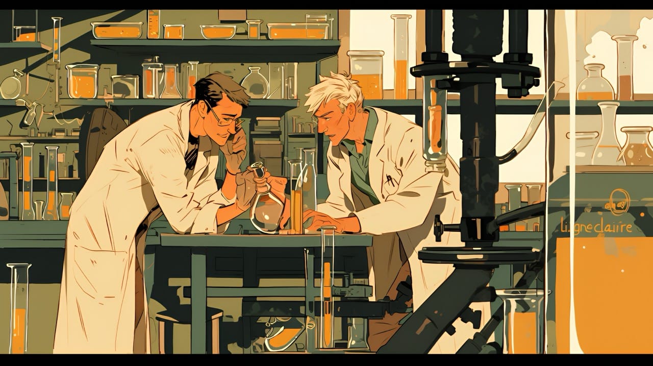 Illustration de deux scientifiques examinant des fioles dans un laboratoire