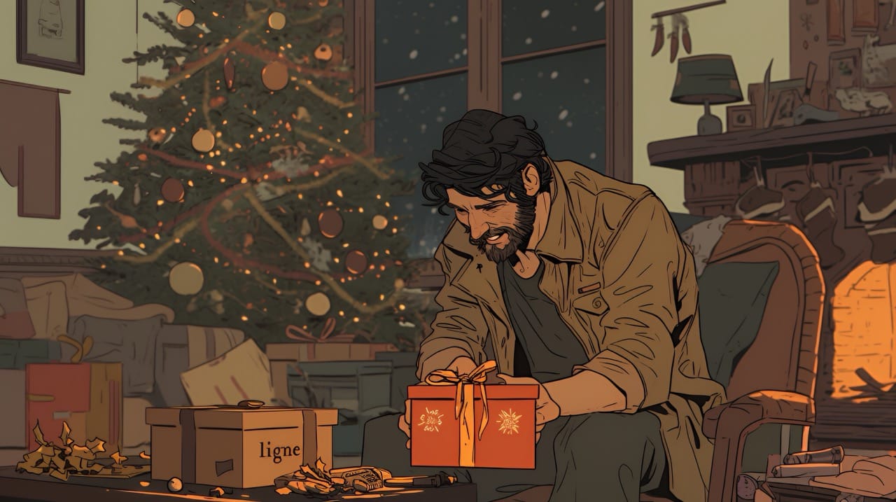 un homme déballant un cadeau orange devant un sapin de Noël, ambiance chaleureuse et intimiste"