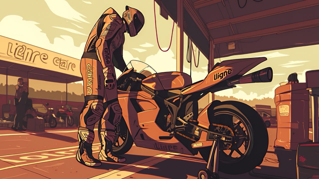 un pilote en combinaison de course à côté d'une moto de sport orange, sur un circuit au coucher du soleil,