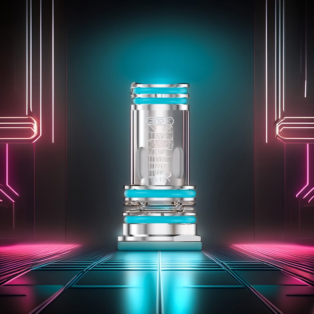 Clearomiseur PnP-X détaillé avec joints turquoise sur fond grille Tron rétro-futuriste