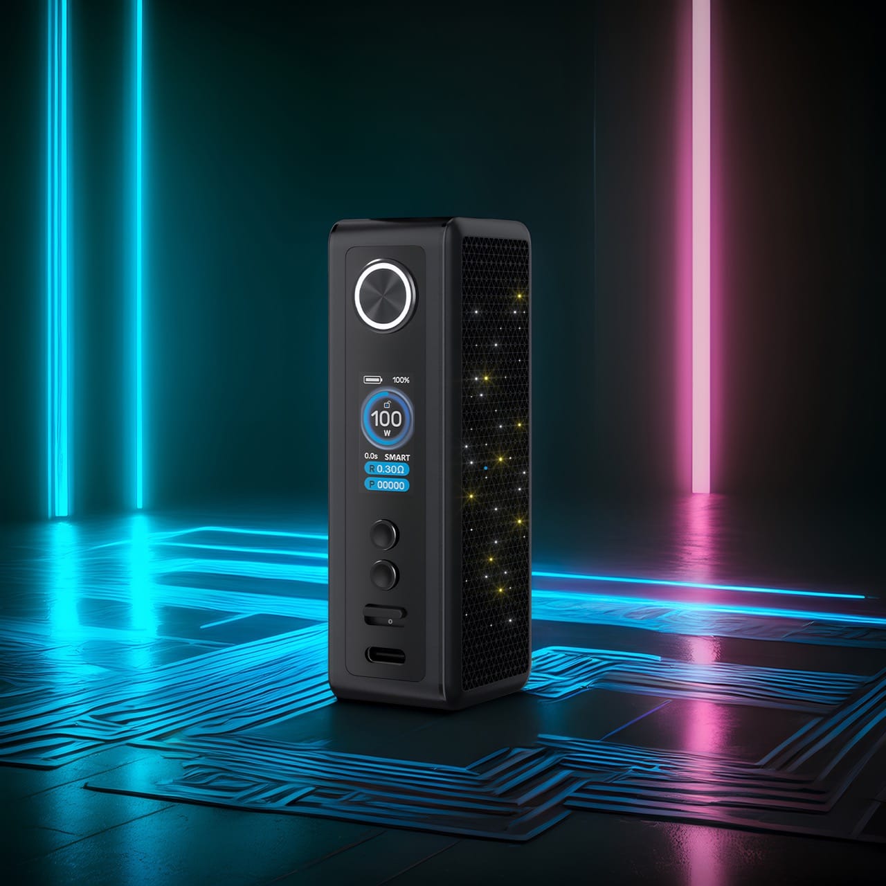 Box Vinci Spark 100 sur surface réfléchissante avec motifs circuits lumineux bleus et grille LED