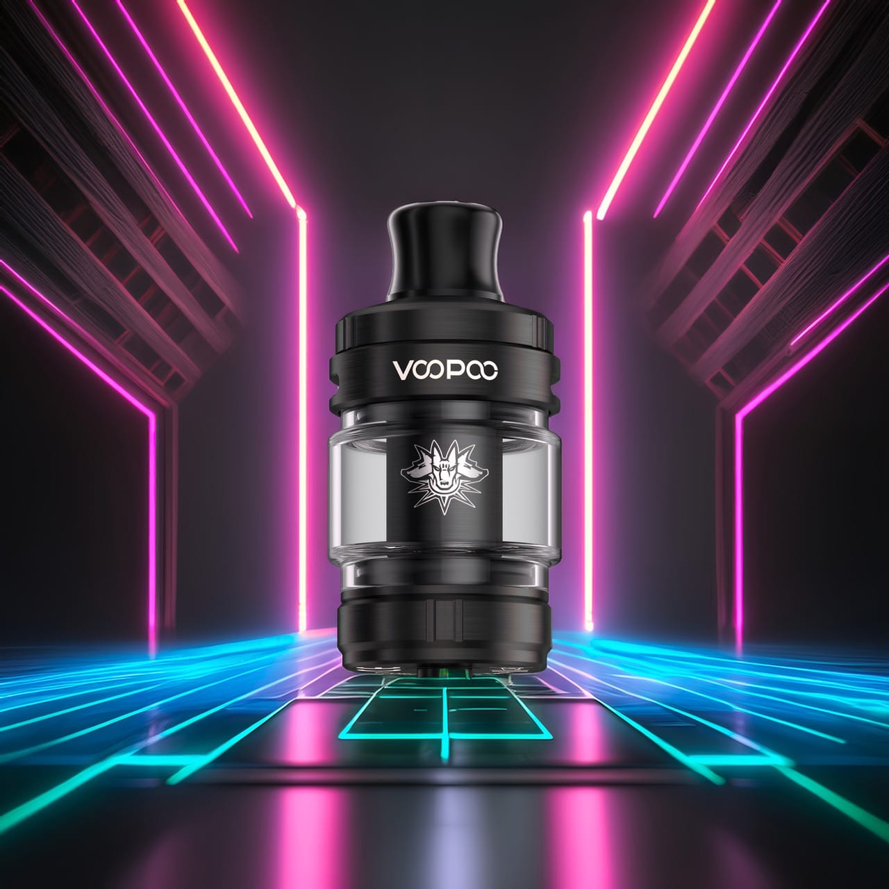 Clearomiseur Voopoo sur grille néon style synthwave avec lignes de fuite 