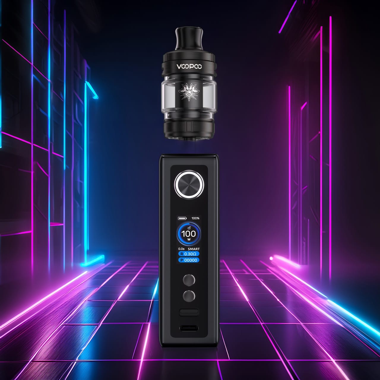 Box Vinci Spark démontée sur fond grille lumineuse avec effet tunnel néon 