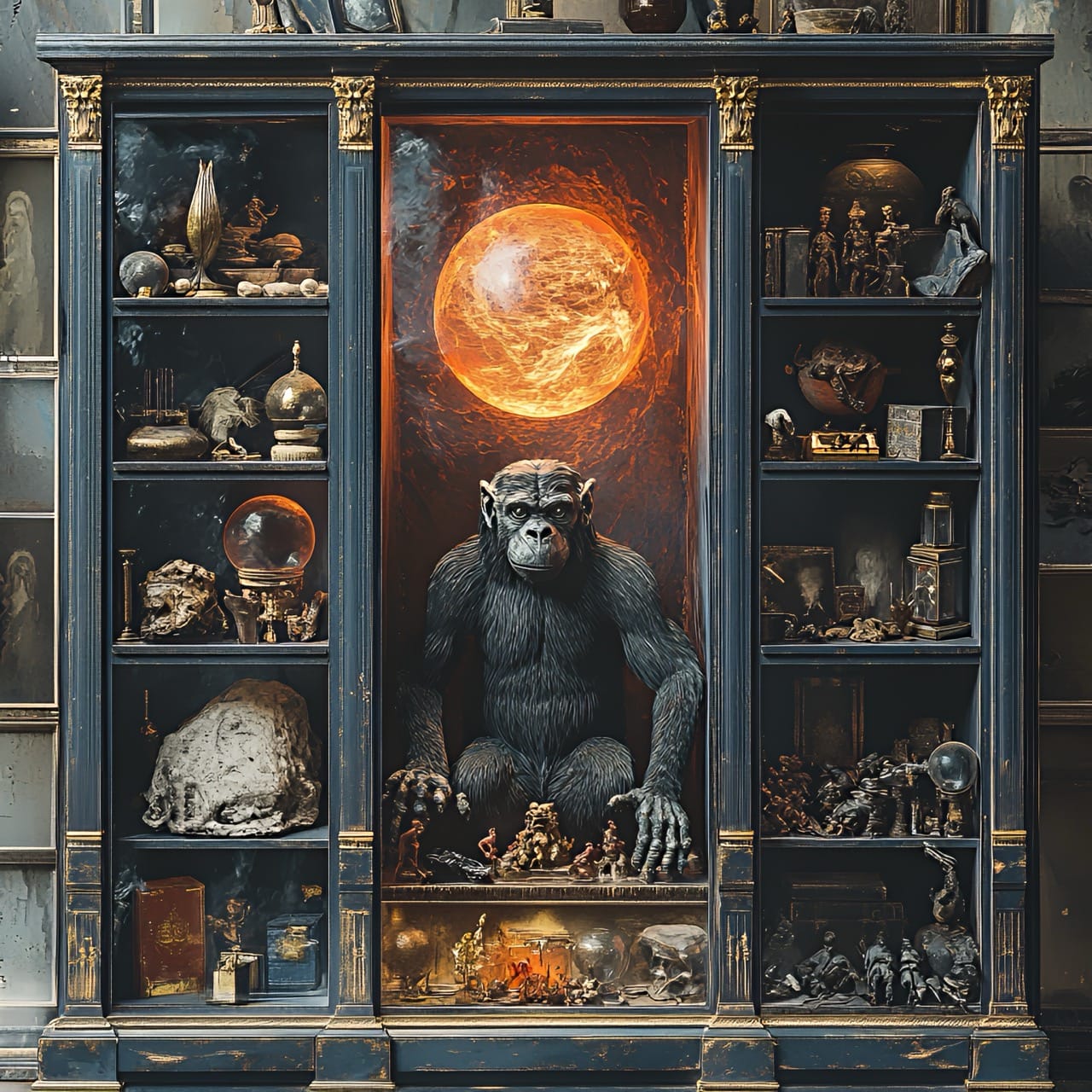 Cabinet d'apothicaire orné de dorures, avec un singe au centre