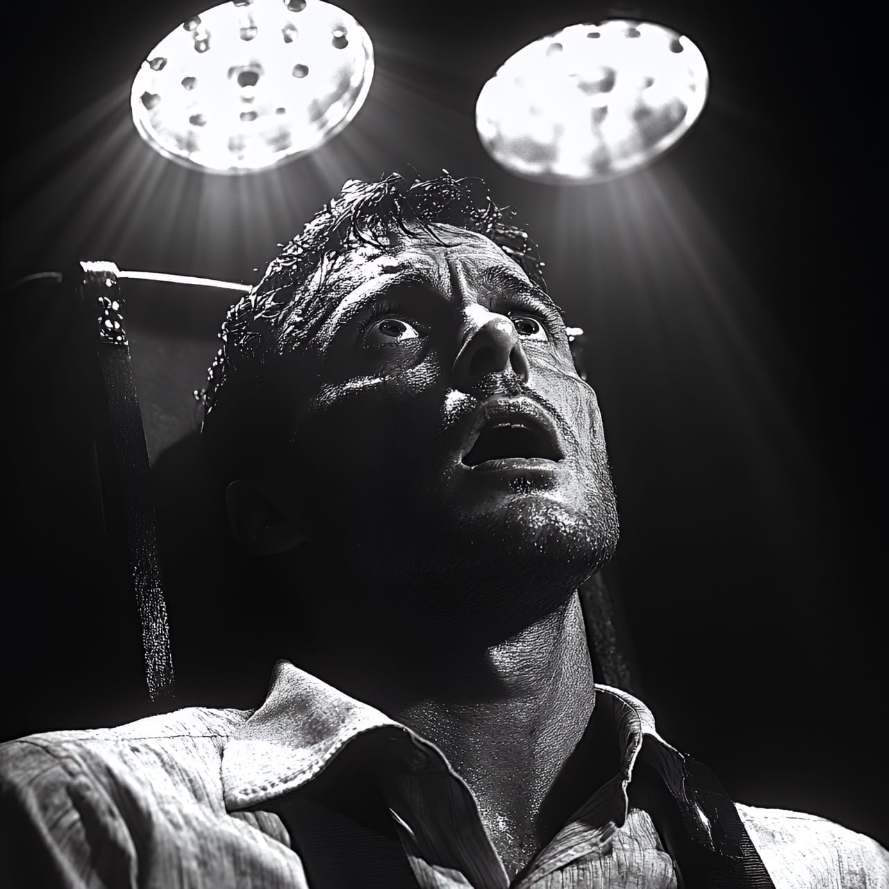 Portrait dramatique en contre-plongée façon film noir, visage éclairé par des luminaires industriels