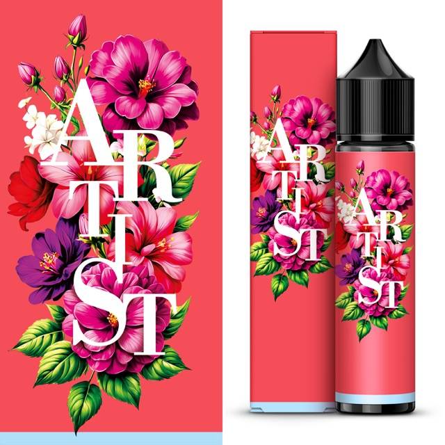ARTIST Fruits Rouges Frais, e-liquide fruité frais présenté dans un décor floral rouge et rose