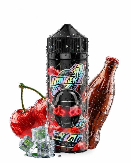 e e-liquide Banger'z Cola Cerise de CDS Lab présenté avec des cerises et une bouteille de cola.