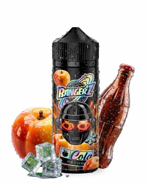Le e-liquide Banger'z Cola Pêche de CDS Lab accompagné d'une pêche jaune et d'une bouteille de cola.