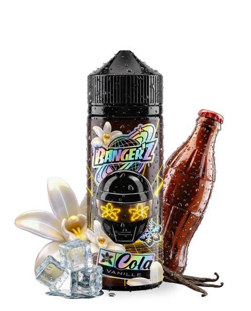Le e-liquide Banger'z Cola Vanille de CDS Lab accompagné de gousses de vanille et d'une bouteille de cola.
