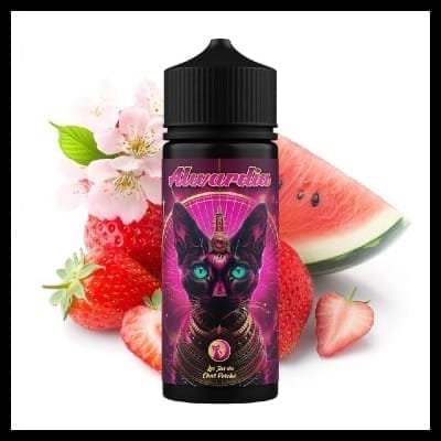 Flacons d’e-liquide Alwardia des Jus du Chat Perché, dans leur univers graphique rose et floral.